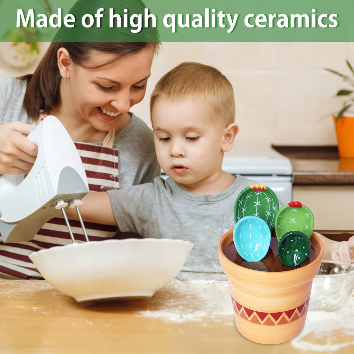 Cactus Measuring Spoons – 4pcs Ceramic Set with Flower Pot Stand