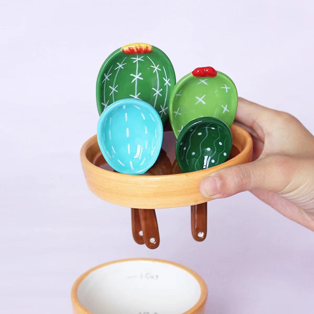 Cactus Measuring Spoons – 4pcs Ceramic Set with Flower Pot Stand