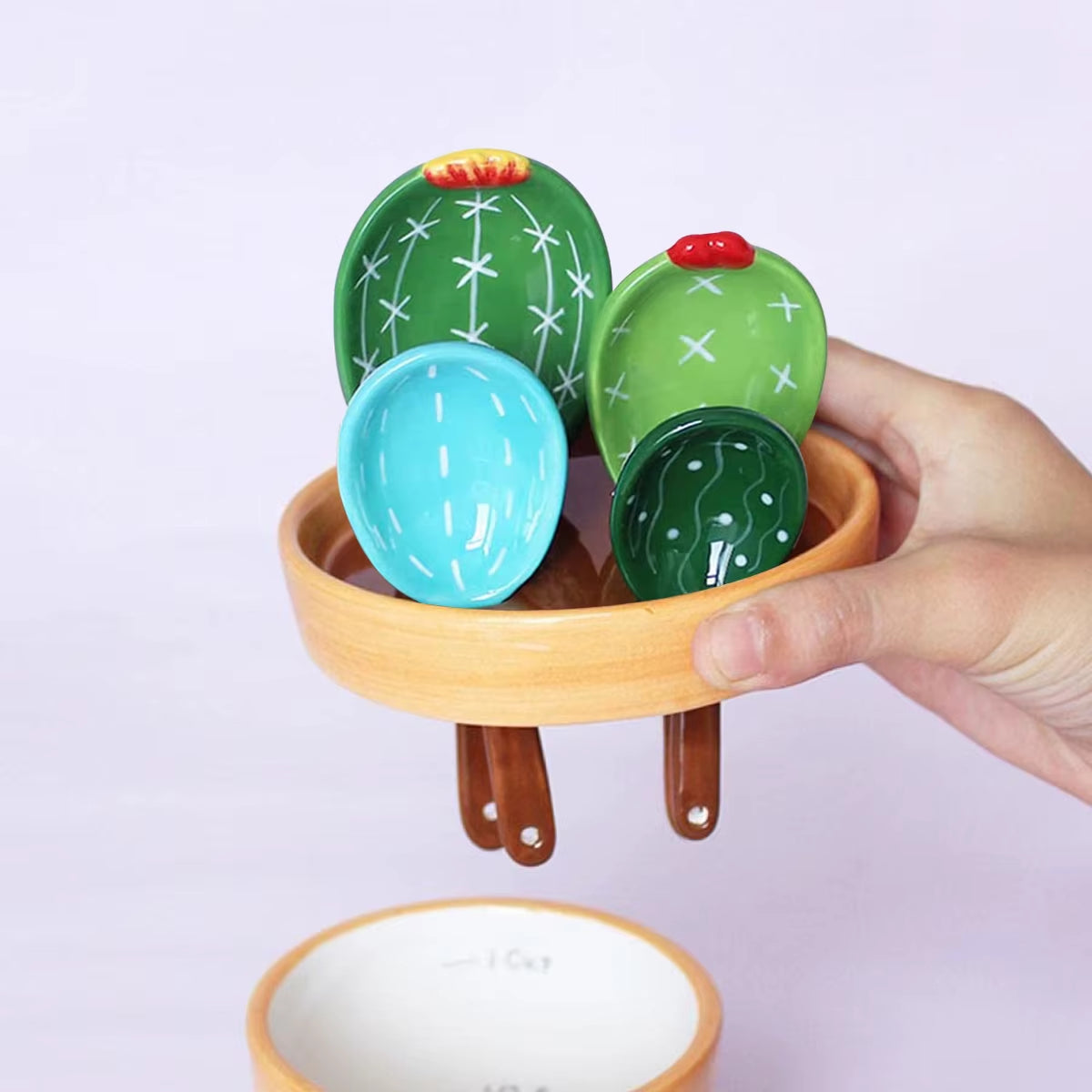 Cactus Measuring Spoons – 4pcs Ceramic Set with Flower Pot Stand