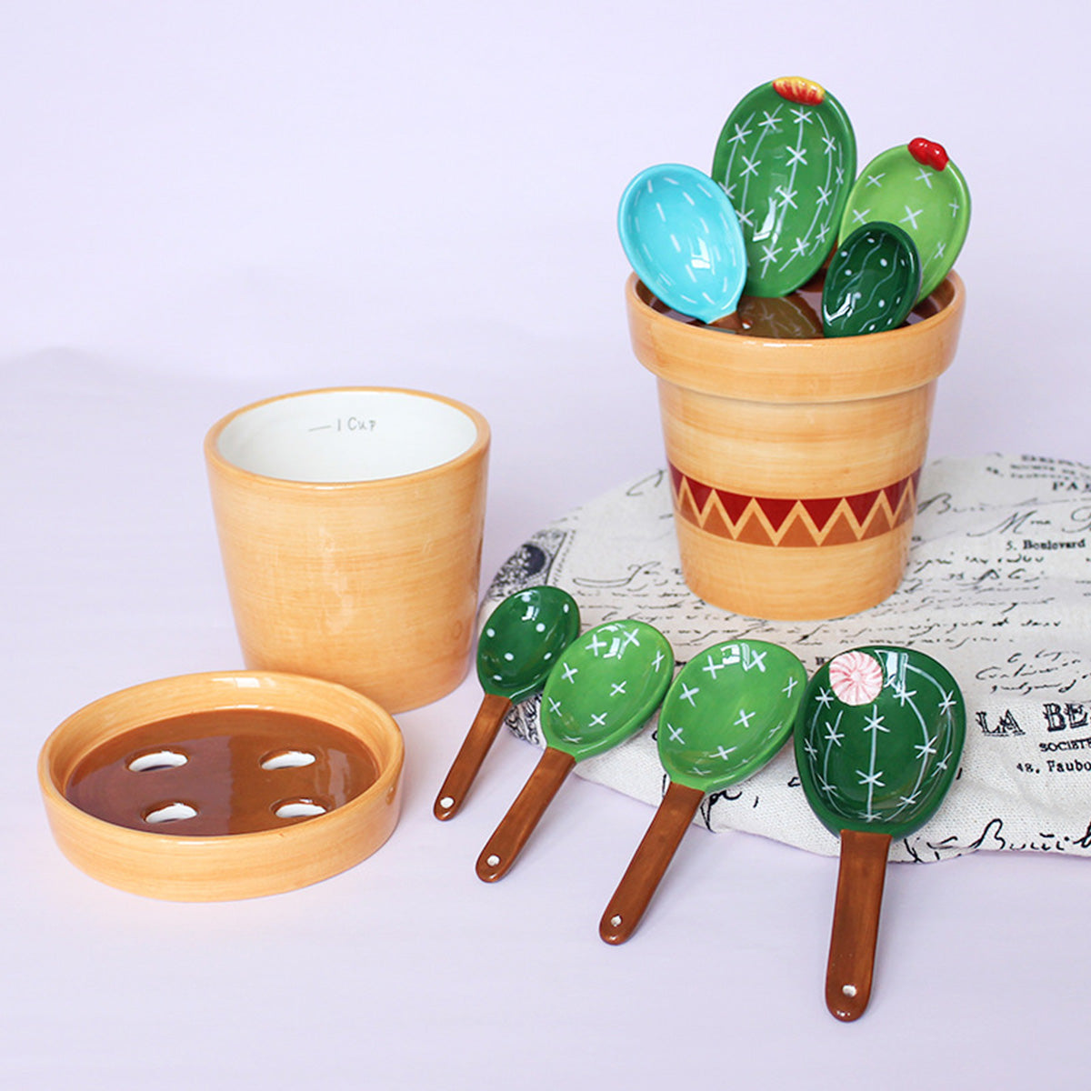 Cactus Measuring Spoons – 4pcs Ceramic Set with Flower Pot Stand
