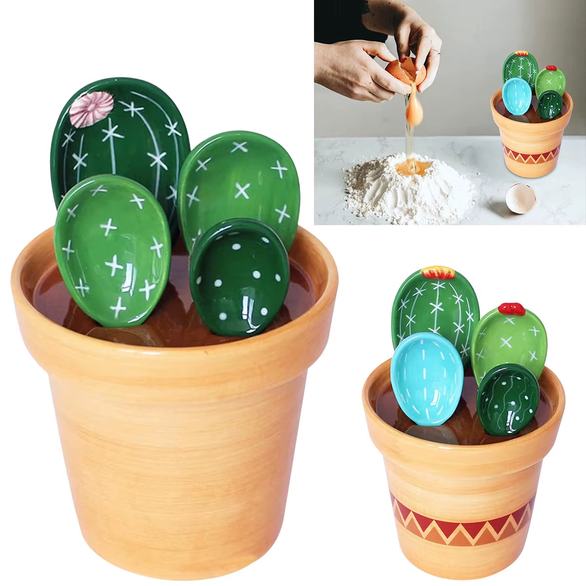 Cactus Measuring Spoons – 4pcs Ceramic Set with Flower Pot Stand