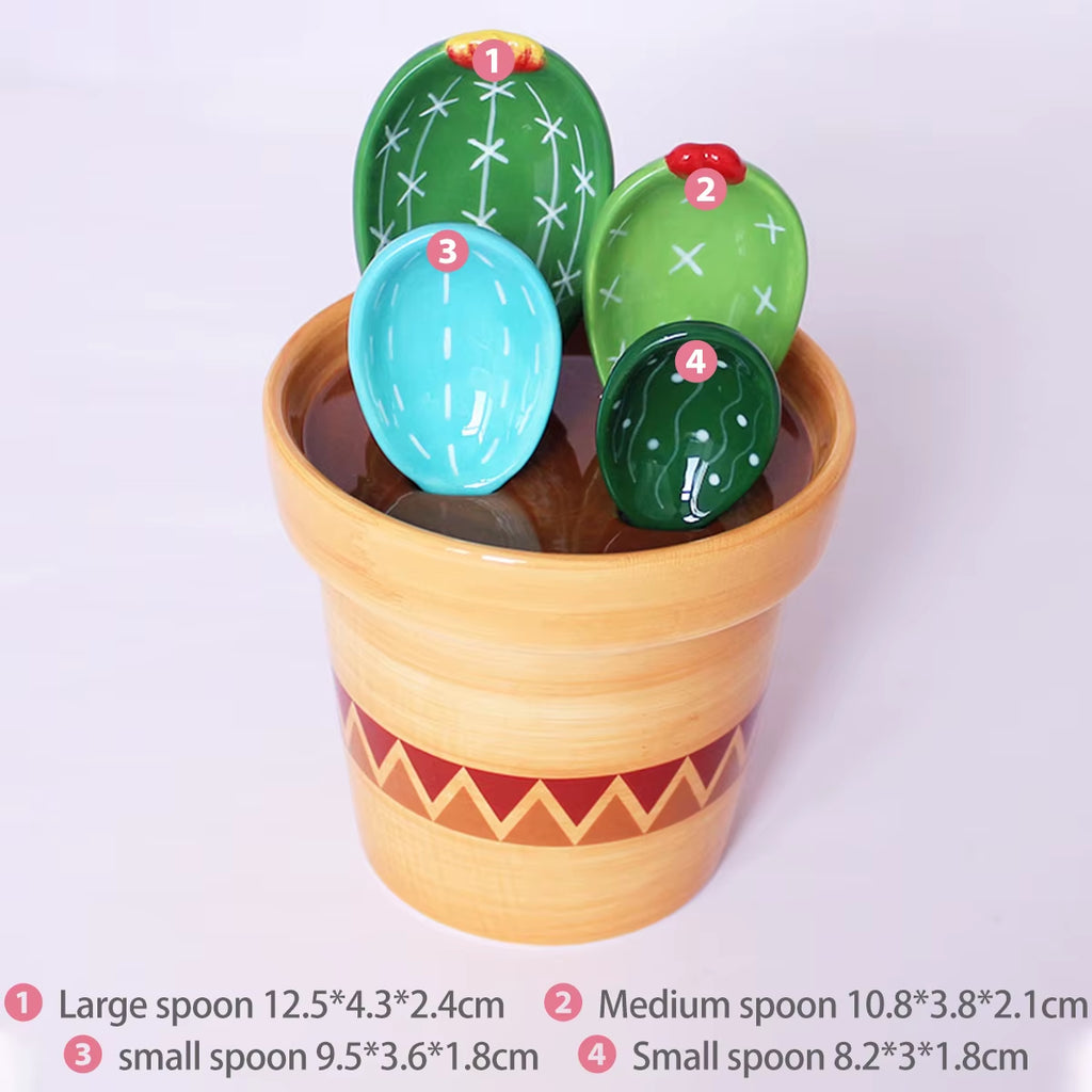 Cactus Measuring Spoons – 4pcs Ceramic Set with Flower Pot Stand