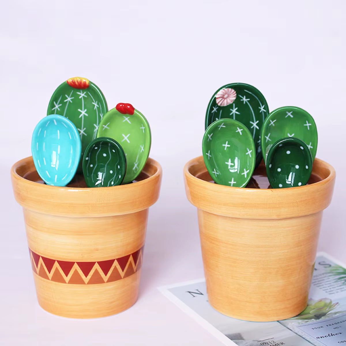 Cactus Measuring Spoons – 4pcs Ceramic Set with Flower Pot Stand